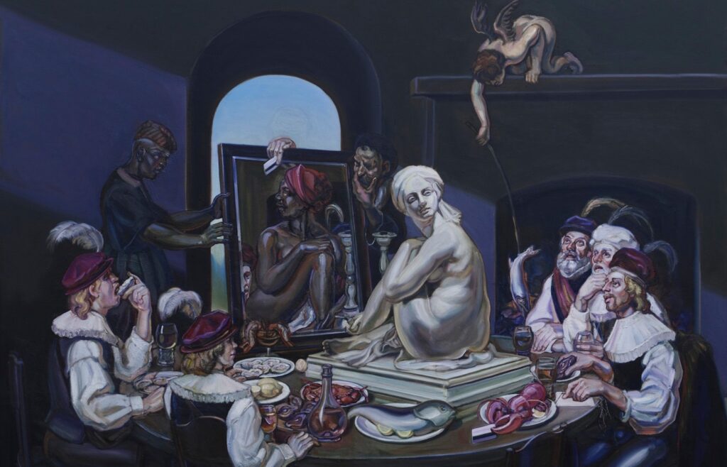 Johannes Phokela, Protocol of the Archaic Triad: Venus Sea Food Dinner, 2024, Oil on canvas, 190 x 220 cm.
