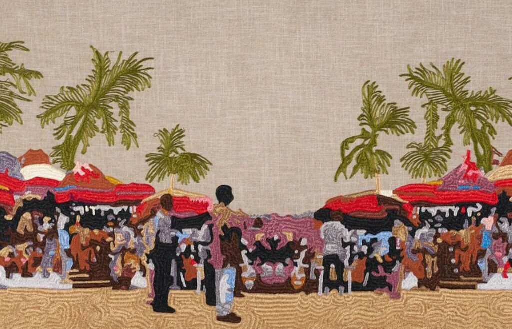 Rita Mawuena Benissan, Enter as One, 2024, Tapestry Embroidering on Velvet, 116.8 x 190.5 cm. Courtesy of Gallery 1957.