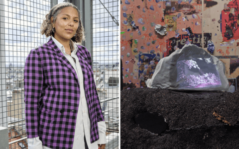 (left) Gaëlle Choisne. Photo credit: Hugues Lawson-Body. (right) Ruche – Creole Garden in Normandie, 2024. In the background Safe Space for a passing history – Ère du Verseau 99999, 2024. Courtesy of the artist and Air de Paris, Romainville, Grand Paris © Adagp, Paris, 2024
