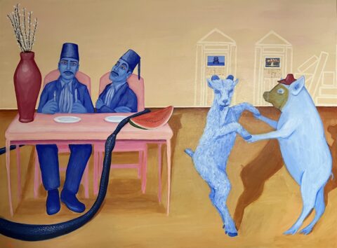 Massoud Hayoun, Sick of foul, I’ll take the goat, 2024. Acrylic on canvas, 36x48“. Courtesy of the artist. 
