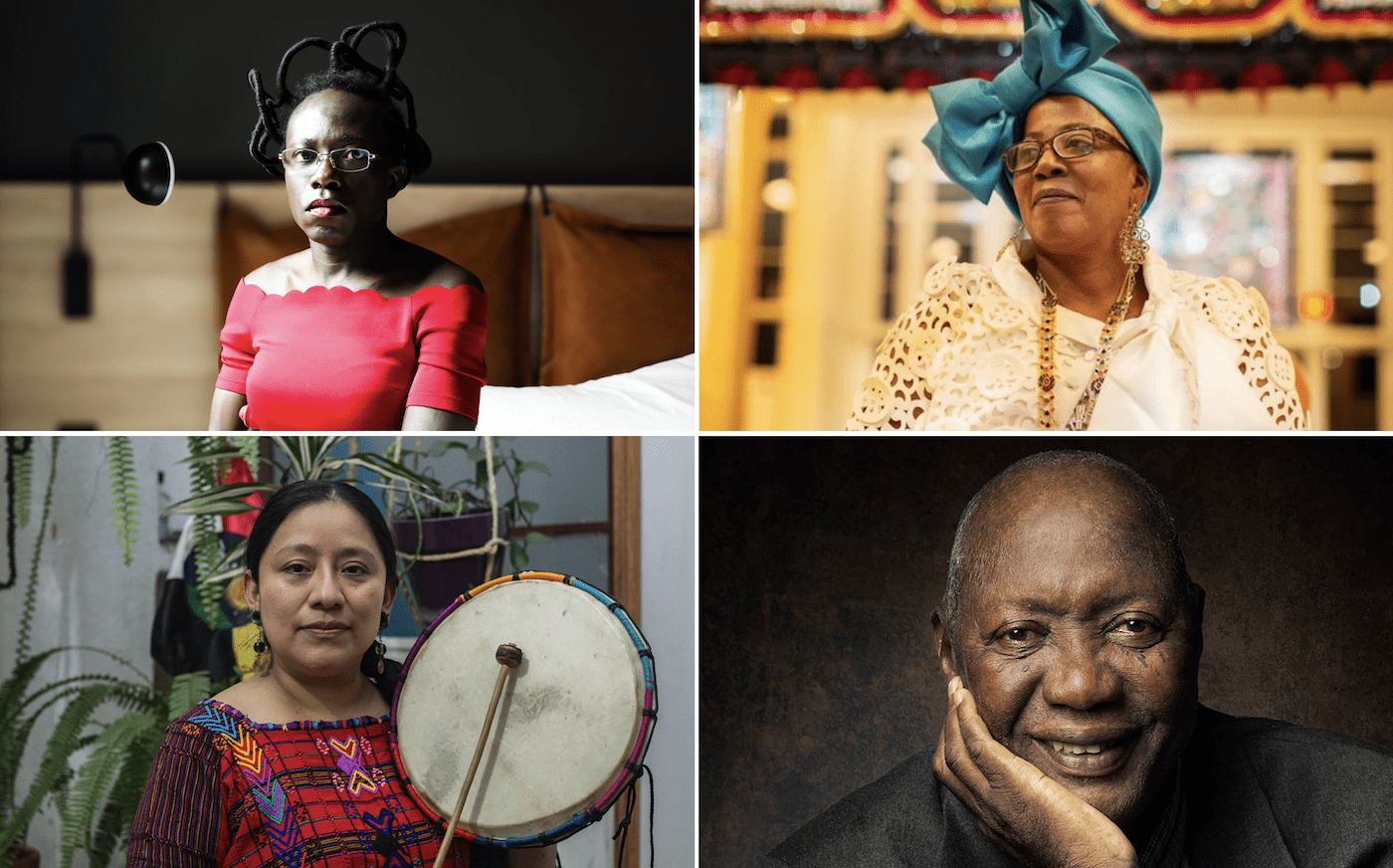 Four of the six Prince Claus Impact Awardees 2024: (clockwise) Va-Bene Elikem Fiatsi, Myrlande Constant (Courtesy of Faena Art), Sana Na N’Hada, and Rosa Chávez (Portrait by Victoria Castañeda).
