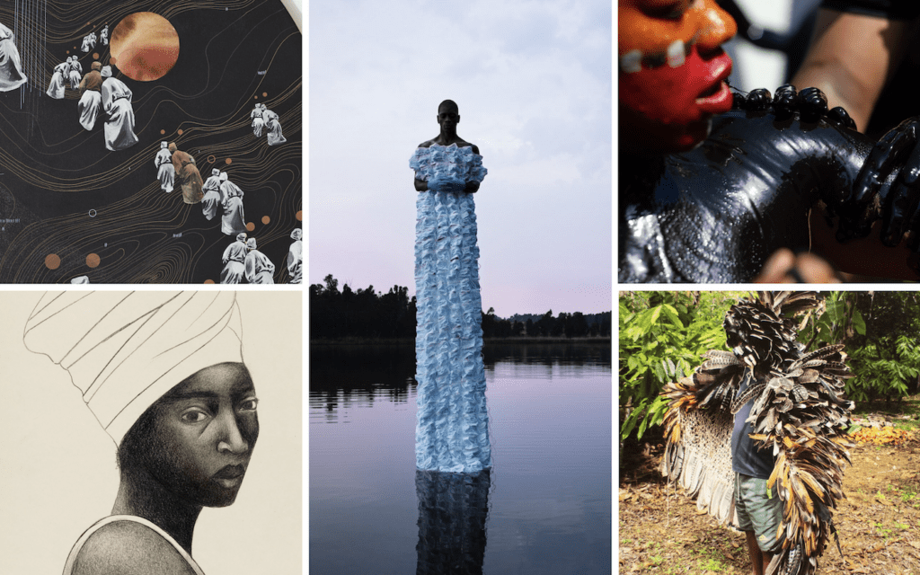 (clockwise) Manyaku Mashilo, Passage to Prayer (detail), 2023. Credit: Hayden Phipps & Southern Guild Archives. Courtesy of the artist; Tatenda Chidora, Self isolation II, 2021. Ilford Gold fibre Pearl 290gsm, 102cm x 132cm. Courtesy of the artist; Anaïs Cheleux, Mas Maten, Guadeloupe, shot on digital camera, 2016. Courtesy of the artist; Glicéria Tupinambá, Manto tupinambá [Tupinambá Mantle], 2023. Courtesy of the artist. Foto: Glicéria Tupinambá; Elizabeth Catlett, African American, 2009, MUSEUM MMK FÜR MODERNE KUNST, © Elizabeth Catlett Family Trust / VG Bild-Kunst, Bonn 2023, photo: Axel Schneider.