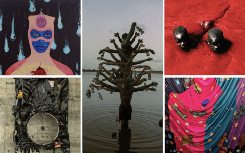 (Clockwise) Sena Burgundy, Final Ascent, 2024; Nana Frimpong Oduro, Family Matters, 2024; Reginald Boateng, OUR WATERS TURNS RED, The Scream For Urgency, 2024; Emmanuel Aggrey Tieku, Shredde Connections In The Alley II, 2025; Dela Anyah, Elementary Rebirth, 2023. 
All courtesy of artists and ellipse art prize. 