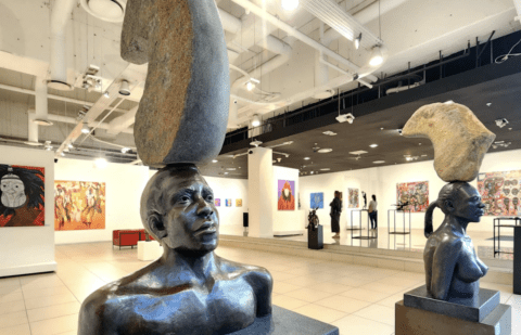 Simon Zitha's Sibongile and Face Up, installation view, The Alchemy of Colour, 2025. Courtes of The Melrose Gallery.