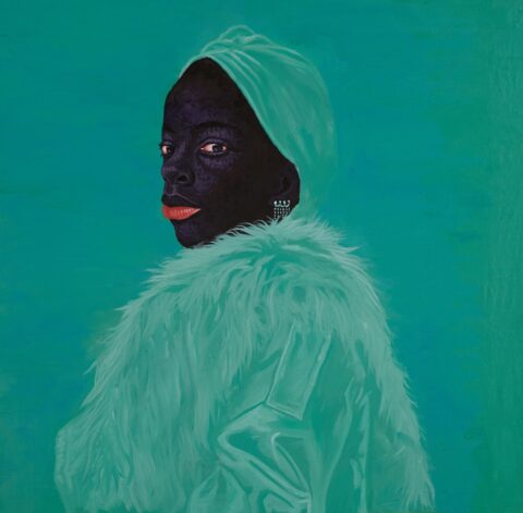 Kwesi Botchway, Green Fluffy Coat, 2020. Acrylic on canvas, 78.7 x 78.7 cm / 31 x 31 in. Courtesy of Gallery 1957.