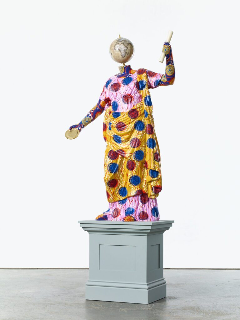 Yinka Shonibare MBE, Clementia, 2018. Fibreglass sculpture, hand-painted with Batik pattern, and steelbase plate or plinth, Figure: 143.5 x 81 x 53 cm. Plinth: 70 x 90 x 70 cm Unique. Courtesy the artist and Goodman Gallery
